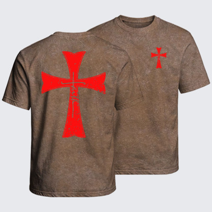 Washed T-Shirt - Deus Vult Crusader Shield Templar Cross