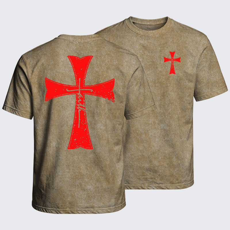 Washed T-Shirt - Deus Vult Crusader Shield Templar Cross