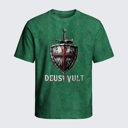 Washed T-Shirt - Deus Vult Crusader Shield Templar Cross