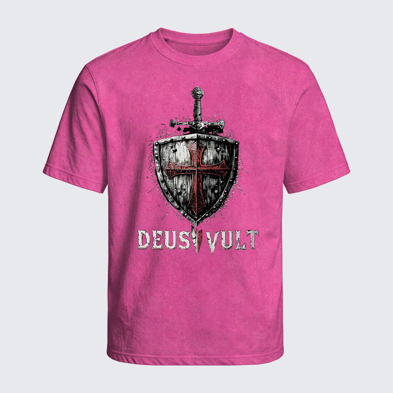 Washed T-Shirt - Deus Vult Crusader Shield Templar Cross