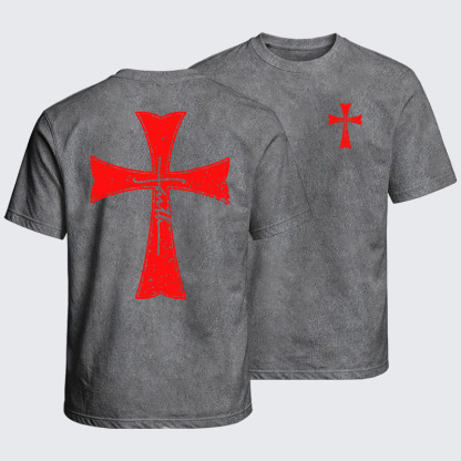 Washed T-Shirt - Deus Vult Crusader Shield Templar Cross