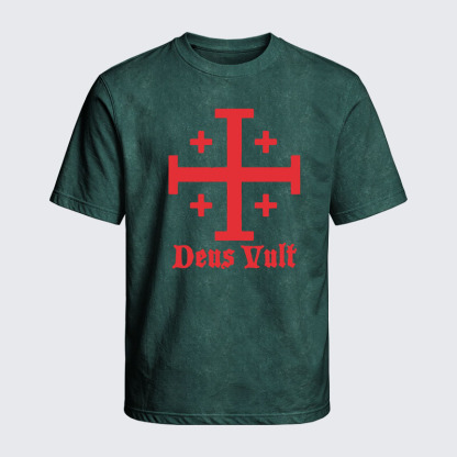 Washed T-Shirt - Jerusalem Cross Deus Vult