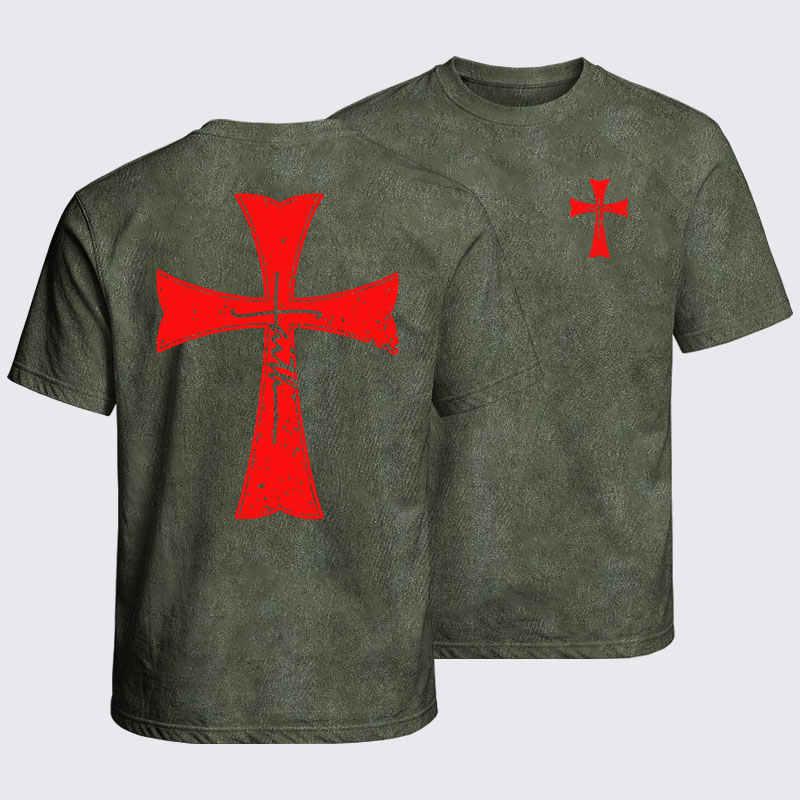 Washed T-Shirt - Deus Vult Crusader Shield Templar Cross