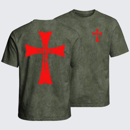 Washed T-Shirt - Deus Vult Crusader Shield Templar Cross