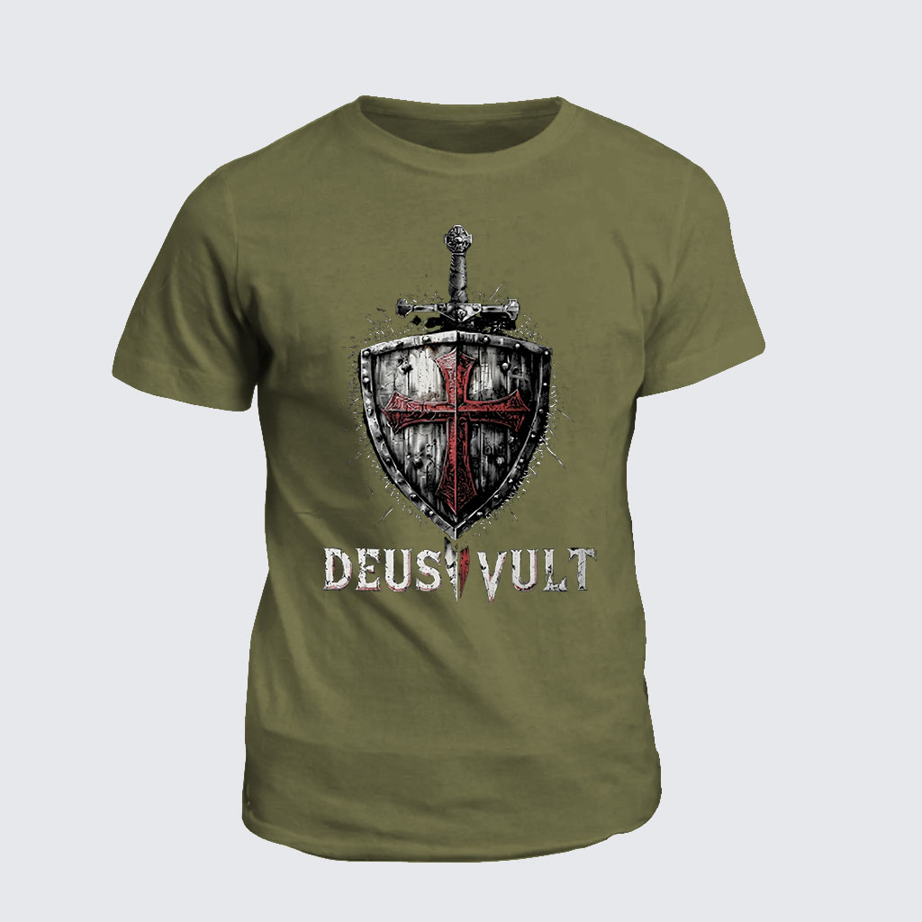 Classic Cotton Tee -  Deus Vult Crusader Shield Templar Cross