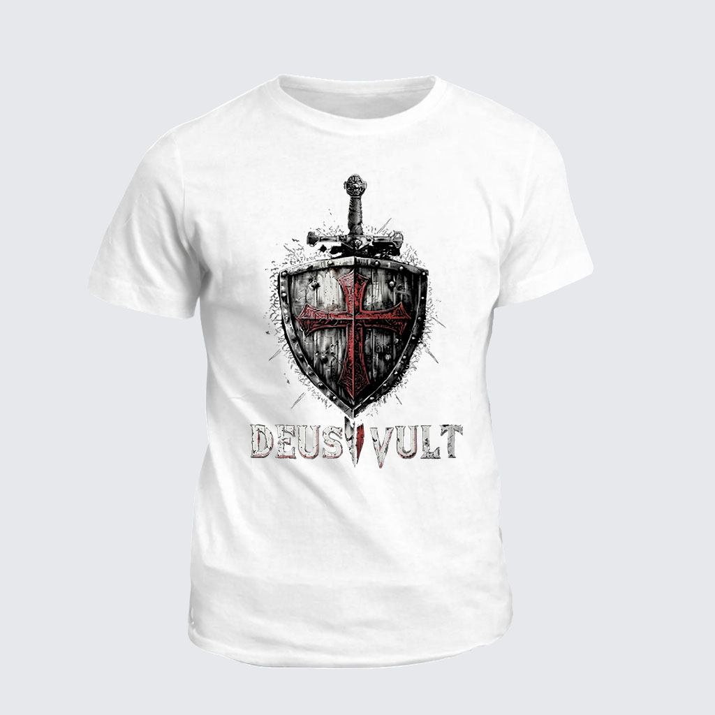 Classic Cotton Tee -  Deus Vult Crusader Shield Templar Cross