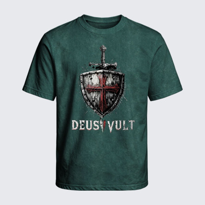 Washed T-Shirt - Deus Vult Crusader Shield Templar Cross