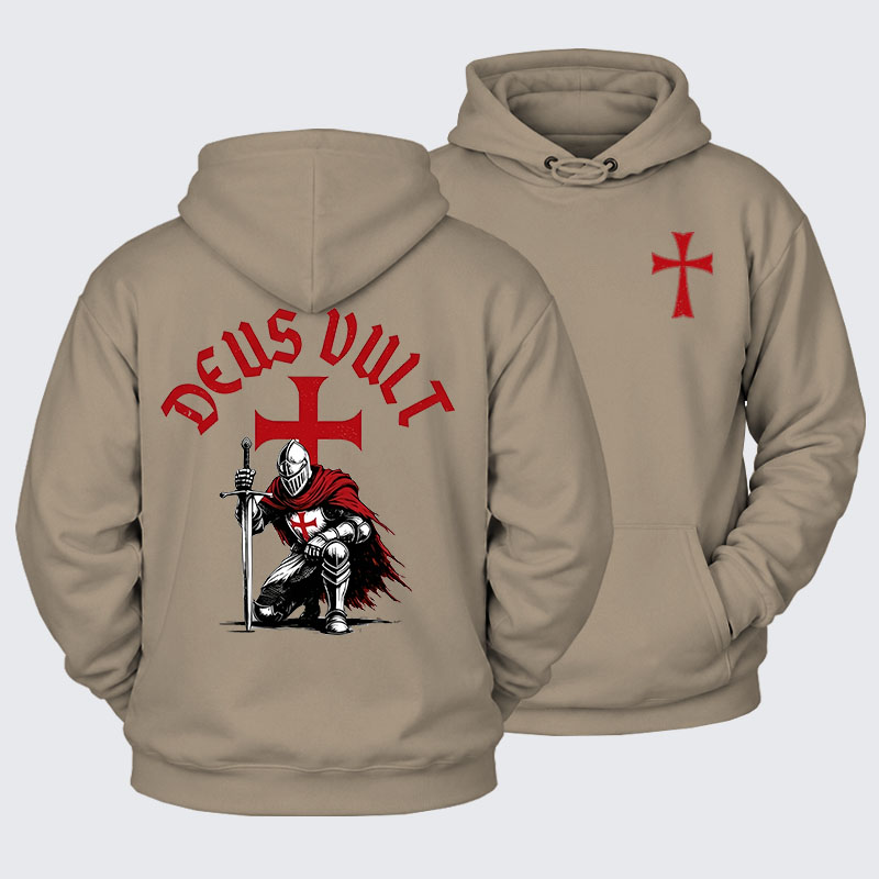 Plush Fleece-Lined Hoodie - Templar Knight Crusader Deus Vult