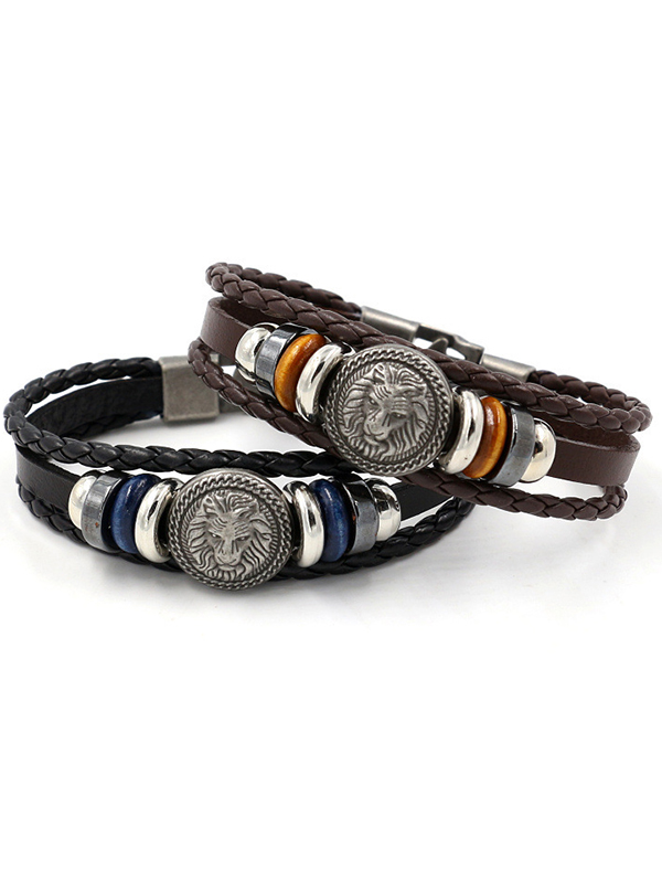 Vintage Lion Head Studded Leather Bracelet