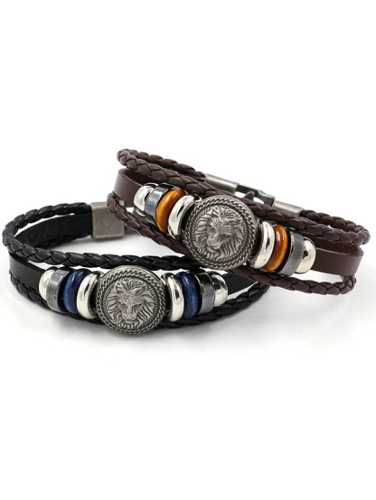 Vintage Lion Head Studded Leather Bracelet