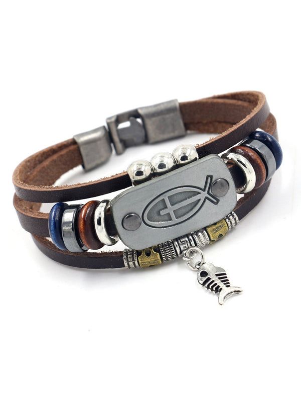 Cross Jesus Fish Leather Bracelet