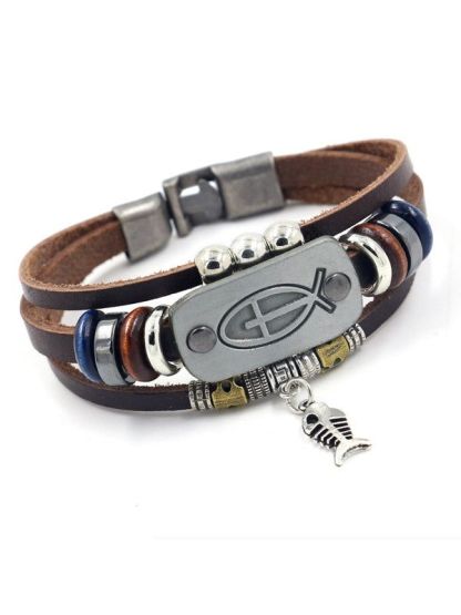 Cross Jesus Fish Leather Bracelet