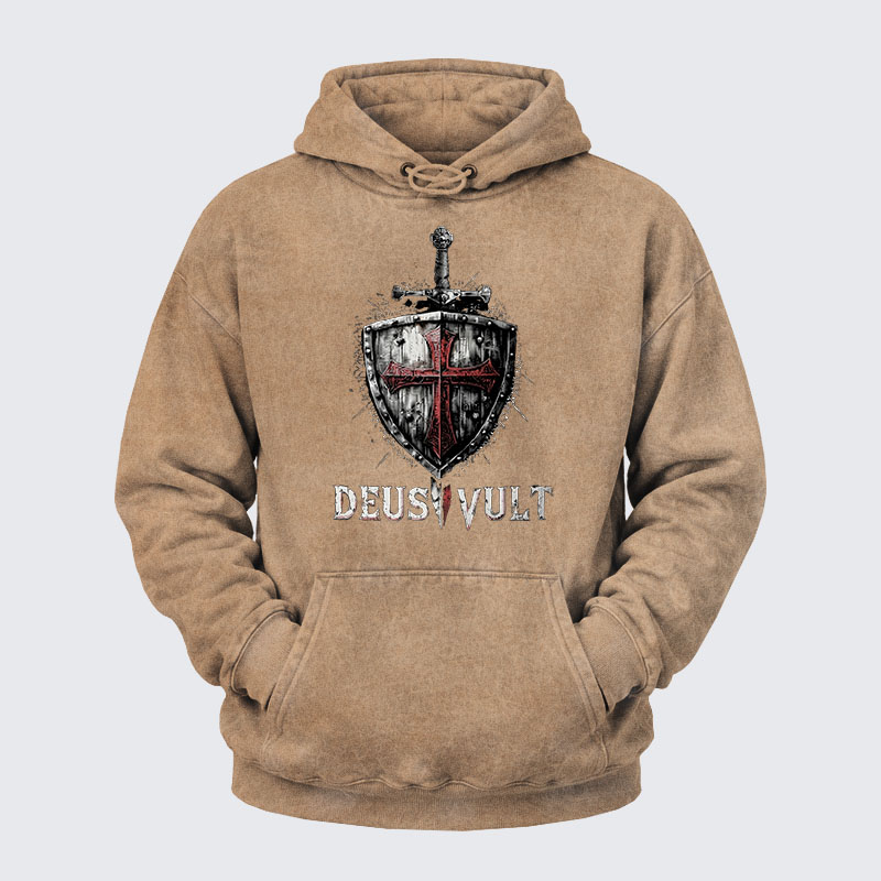 Washed Hoodie - Deus Vult Crusader Shield Templar Cross