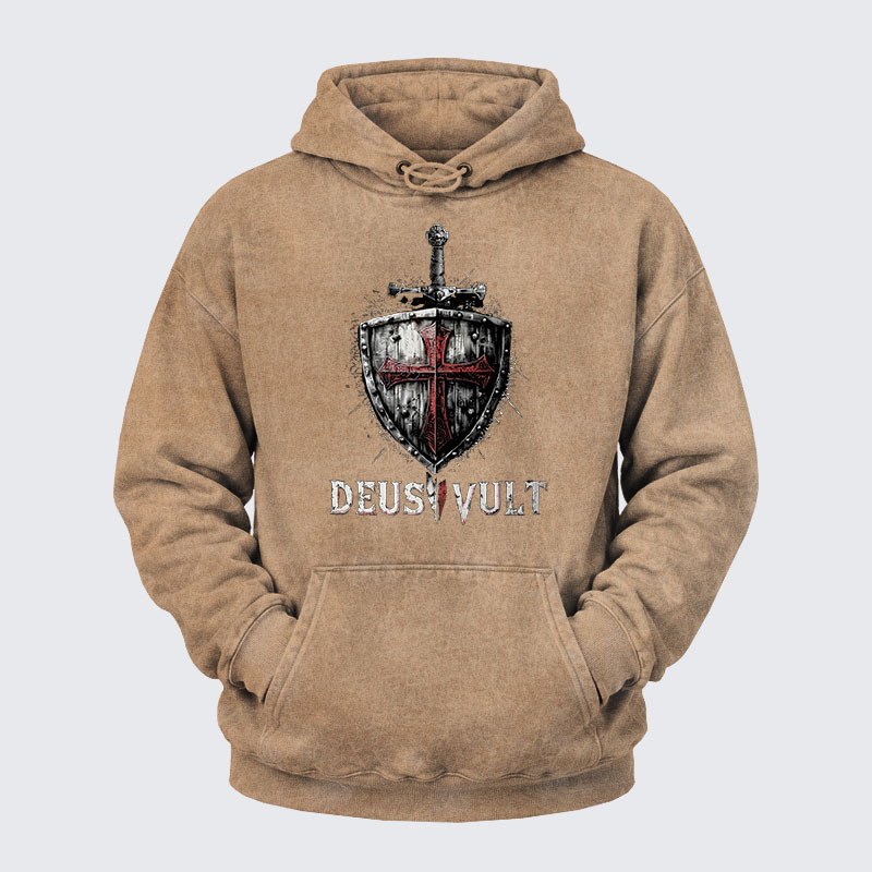 Washed Hoodie - Deus Vult Crusader Shield Templar Cross