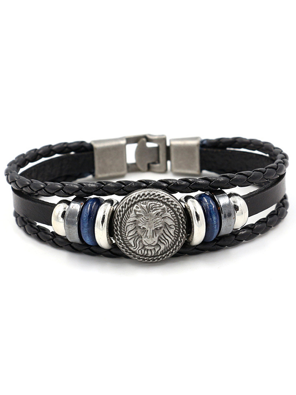 Vintage Lion Head Studded Leather Bracelet