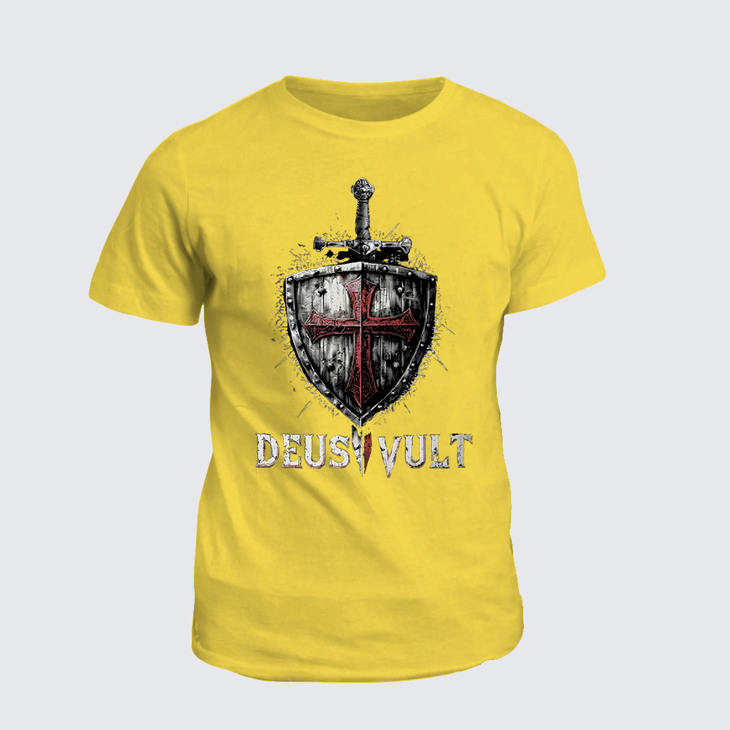 Classic Cotton Tee -  Deus Vult Crusader Shield Templar Cross