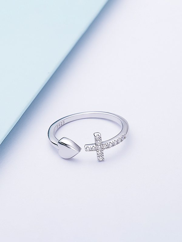 Sterling Silver Heart Cross Ring