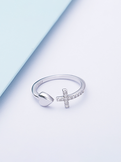 Sterling Silver Heart Cross Ring