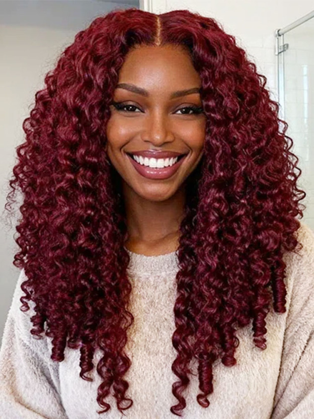 Skylar #99J Burgundy Burmese Curly Wig Bleached Knots Glueless Wigs 13x4 13x6 Lace Front Human Hair Wigs Pre Plucked-wigflash