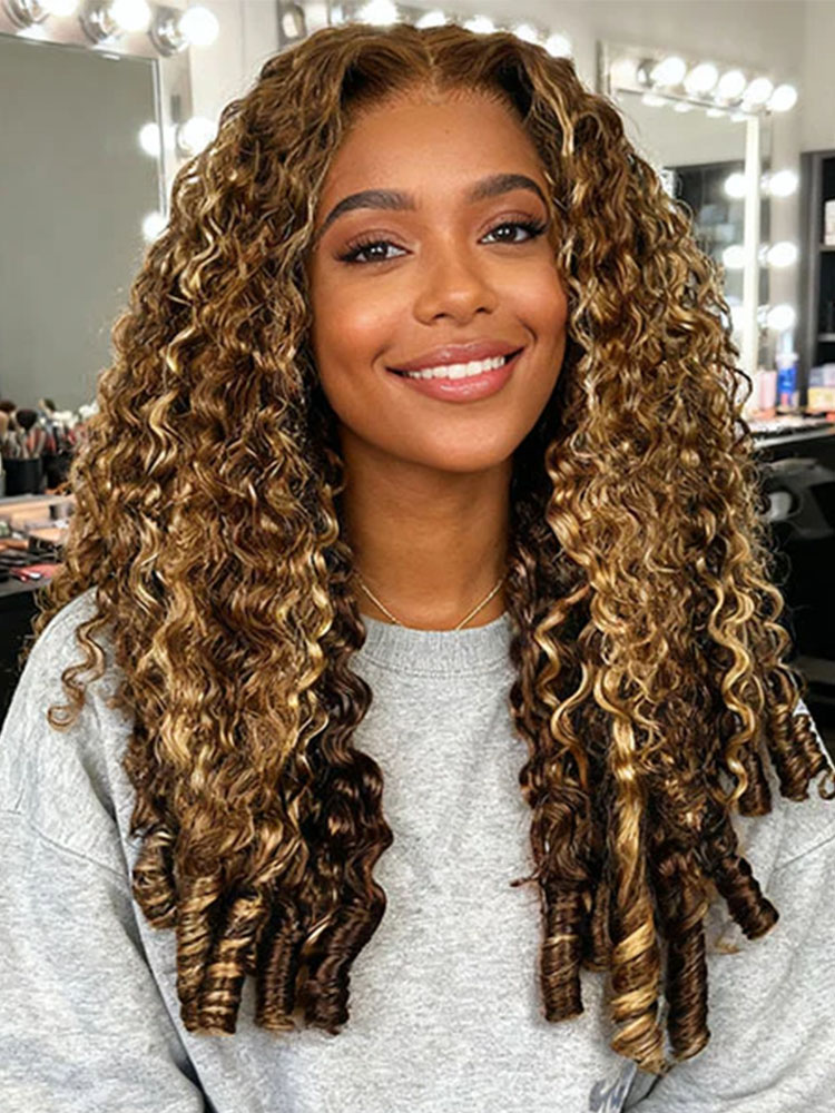 Claire Highlight 4/27 Honey Blonde Burmese Curly Wig Bleached Knots Glueless Wigs 13x4 13x6 Lace Front Human Hair Wigs Pre Plucked-wigflash