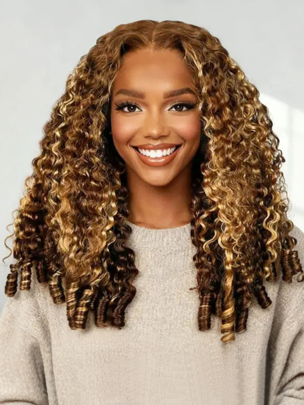 Claire Highlight 4/27 Honey Blonde Burmese Curly Wig Bleached Knots Glueless Wigs 13x4 13x6 Lace Front Human Hair Wigs Pre Plucked-wigflash