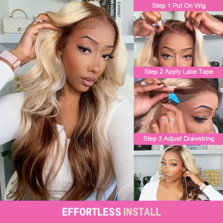 Emily Blonde and Brown Ombre Bleached Knots Glueless 13x6 Loose Body Wave Lace Front Human Hair Wigs Pre Plucked with Drawstring-wigflash