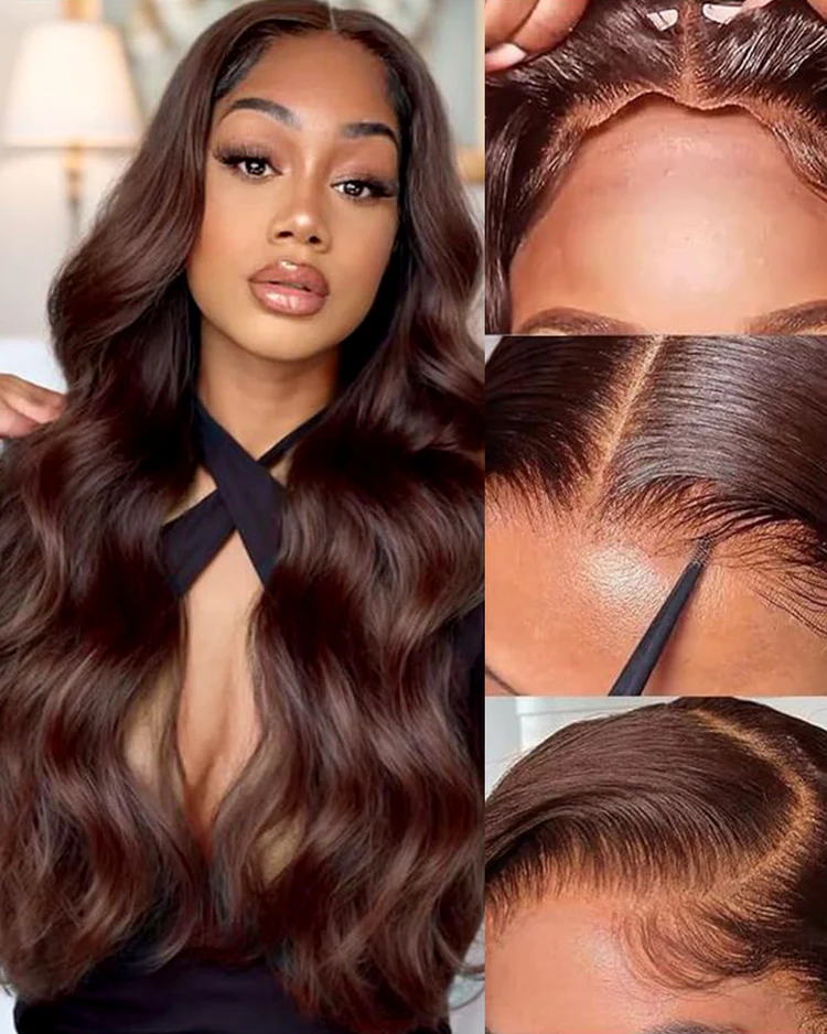 Brunette #4 Brown Body Wave Wig with Drawstring 250% Bleached Knots Glueless 13x6 Straight Lace Front Human Hair Wigs Pre Plucked 