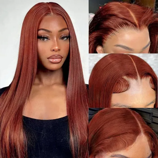 Lark Reddish Brown Bleached Knots Glueless 13x6 Body Wave Straight Lace Front Human Hair Wigs Pre Plucked with Drawstring-wigflash