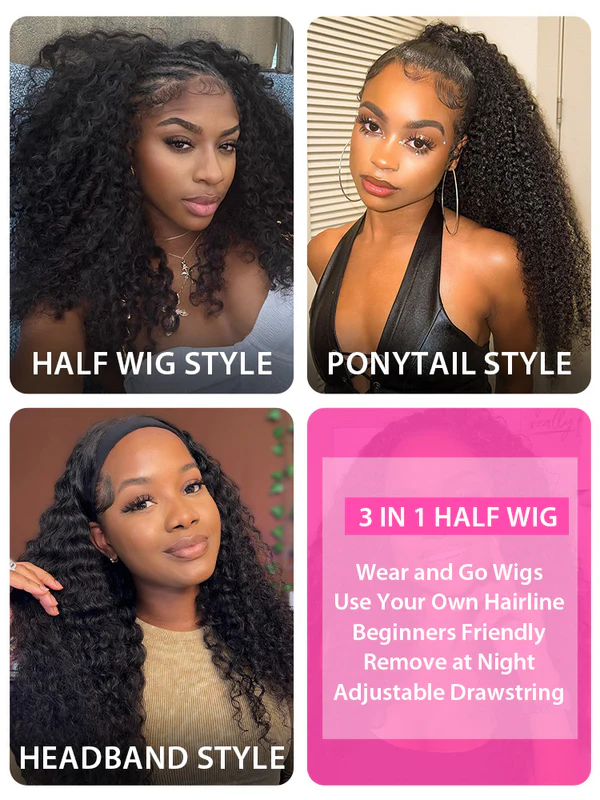 Savannah 3 IN 1 Water Wave Half Wig Glueless Wig Beginner Friendly with Draw-strings Flip Over Wigs