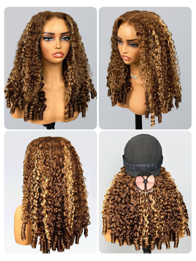 Claire Highlight 4/27 Honey Blonde Burmese Curly Wig Bleached Knots Glueless Wigs 13x4 13x6 Lace Front Human Hair Wigs Pre Plucked-wigflash