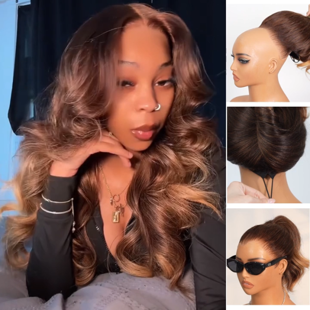 Grace Brown Ombre Bleached Knots Glueless 13x6 Loose Body Wave Lace Front Human Hair Wigs Pre Plucked with Drawstring