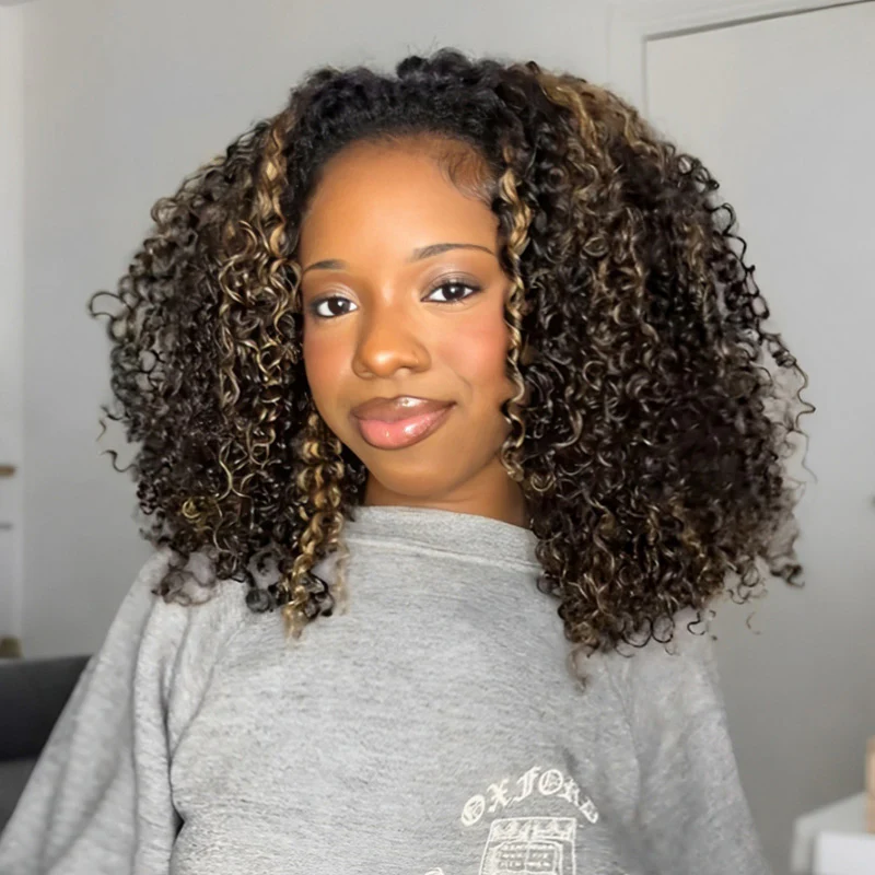 Charlotte 3 IN 1 Highlight Brown Kinky Curly Half Wig Glueless Wig Beginner Friendly with Draw-strings Flip Over Wigs-wigflash
