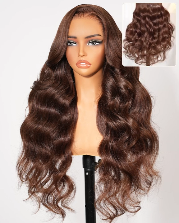 Brunette #4 Brown Body Wave Wig with Drawstring 250% Bleached Knots Glueless 13x6 Straight Lace Front Human Hair Wigs Pre Plucked 