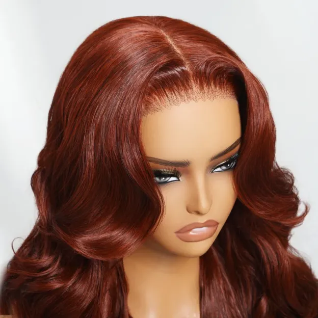 Lark Reddish Brown Bleached Knots Glueless 13x6 Body Wave Straight Lace Front Human Hair Wigs Pre Plucked with Drawstring-wigflash