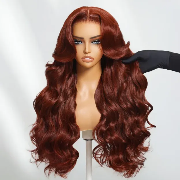 Lark Reddish Brown Bleached Knots Glueless 13x6 Body Wave Straight Lace Front Human Hair Wigs Pre Plucked with Drawstring-wigflash