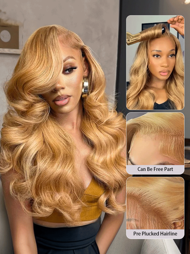 Amber #27 Honey Blonde Bleached Knots Glueless 13x6 Body Wave Straight Lace Front Human Hair Wigs Pre Plucked with Drawstring