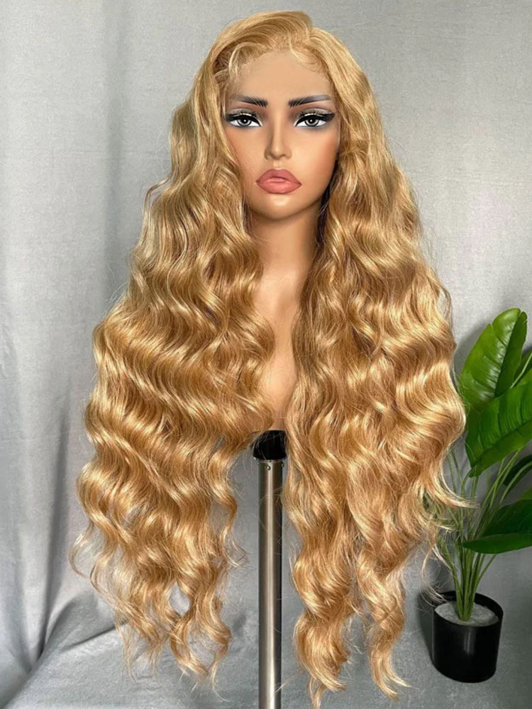 Amber #27 Honey Blonde Bleached Knots Glueless 13x6 Body Wave Straight Lace Front Human Hair Wigs Pre Plucked with Drawstring