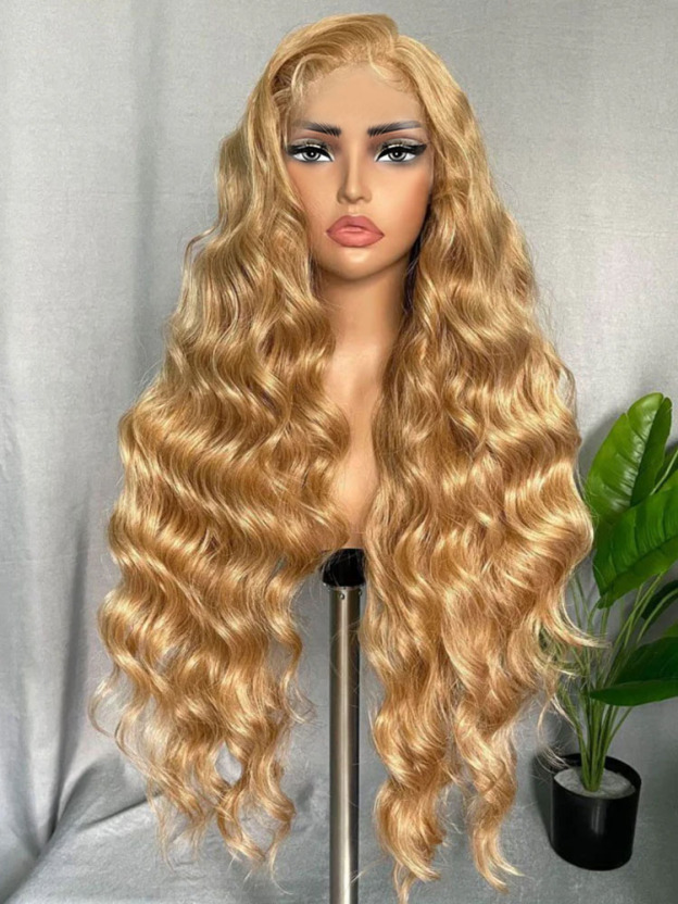 Amber #27 Honey Blonde Bleached Knots Glueless 13x6 Body Wave Straight Lace Front Human Hair Wigs Pre Plucked with Drawstring