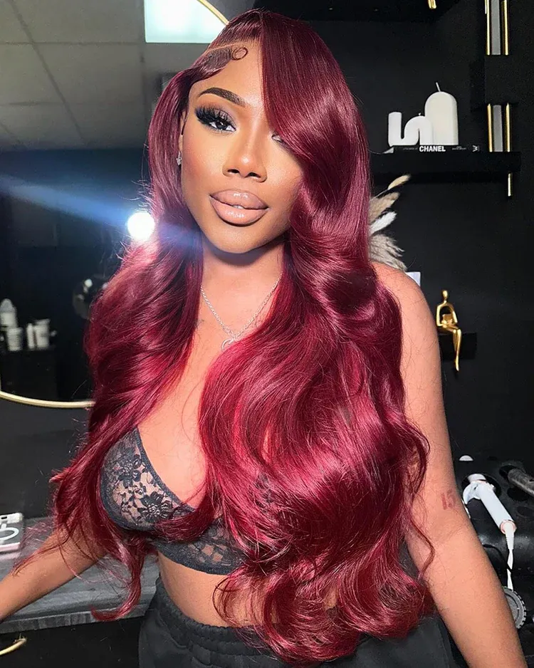 Daisy Burgundy 99J Bleached Knots Glueless 13x6 Body Wave Straight Lace Front Human Hair Wigs Pre Plucked with Drawstring