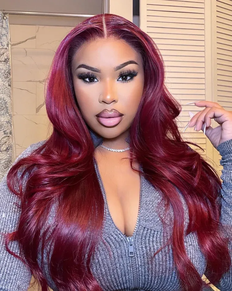 Daisy Burgundy 99J Bleached Knots Glueless 13x6 Body Wave Straight Lace Front Human Hair Wigs Pre Plucked with Drawstring