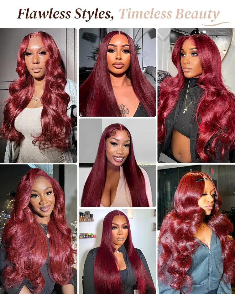 Daisy Burgundy 99J Bleached Knots Glueless 13x6 Body Wave Straight Lace Front Human Hair Wigs Pre Plucked with Drawstring