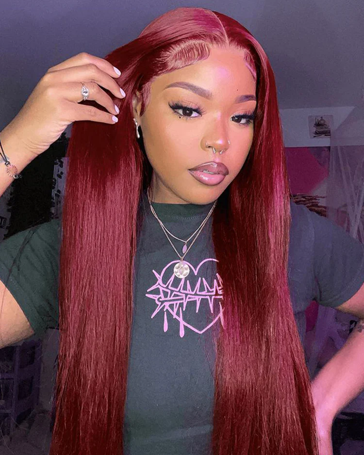 Daisy Burgundy 99J Bleached Knots Glueless 13x6 Body Wave Straight Lace Front Human Hair Wigs Pre Plucked with Drawstring