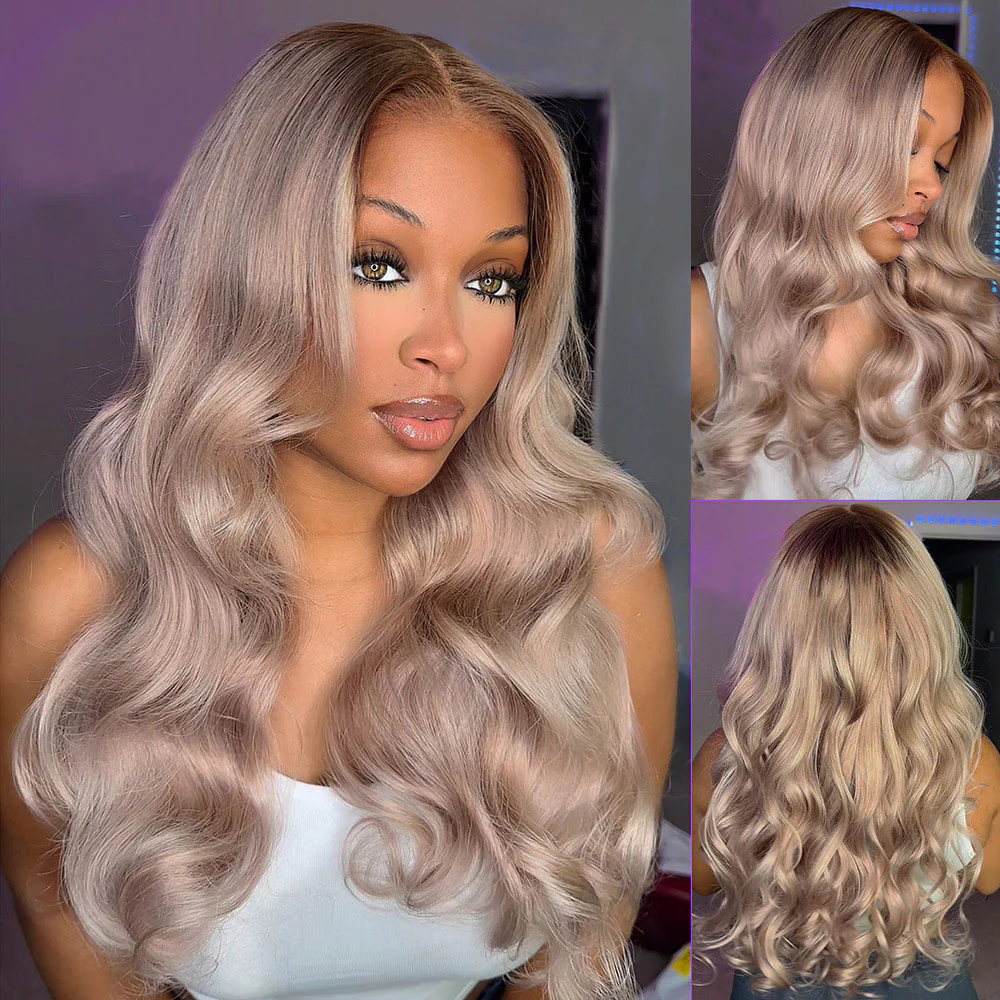 Elizabeth Ash Blonde Ombre Bleached Knots Glueless 13x6 Body Wave Straight Lace Front Human Hair Wigs Pre Plucked with Drawstring-wigflash