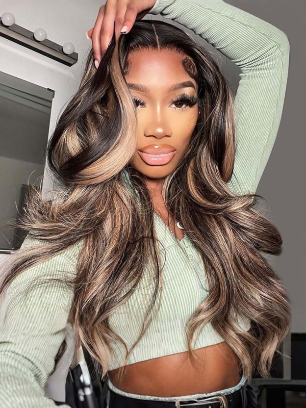 Elle #1B/27 13x4 Body Wave Lace Wig Piano Color Honey Blonde Highlights Lace Front Wig Human Hair
