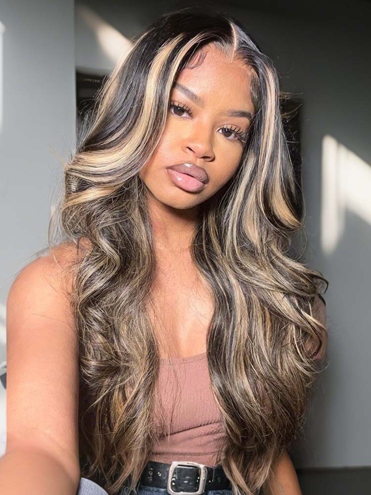 Elle #1B/27 13x4 Body Wave Lace Wig Piano Color Honey Blonde Highlights Lace Front Wig Human Hair
