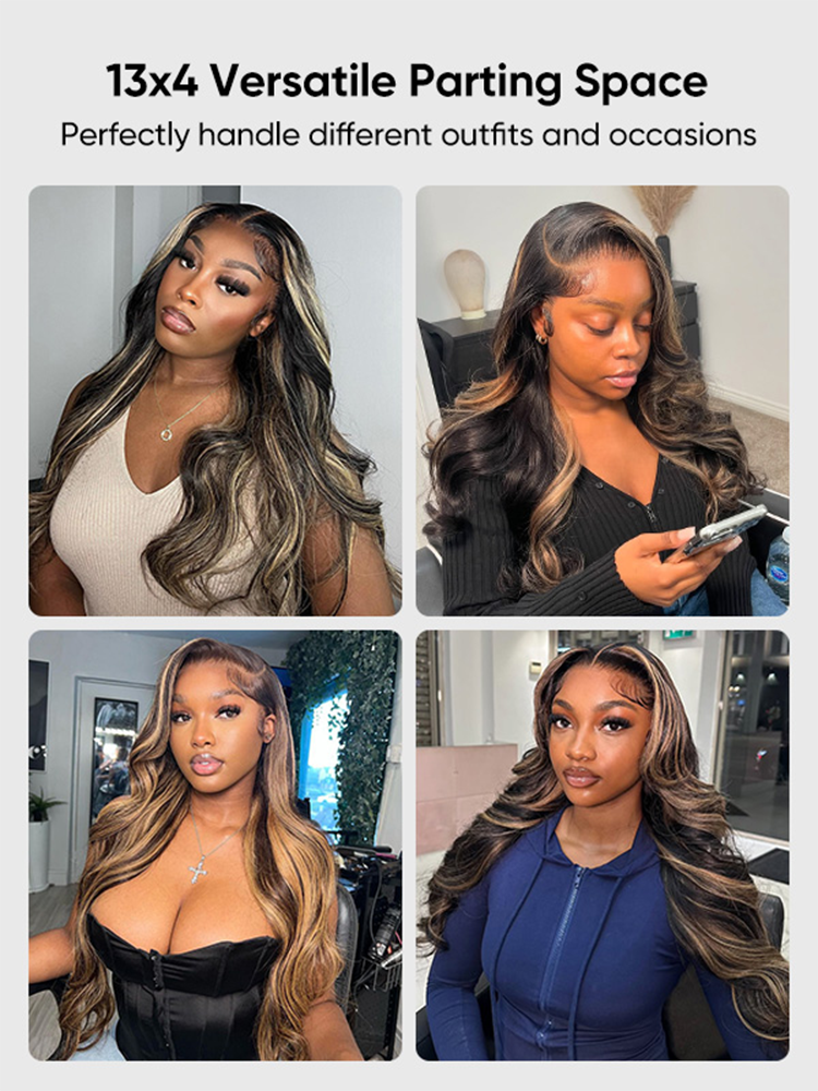 Elle #1B/27 13x4 Body Wave Lace Wig Piano Color Honey Blonde Highlights Lace Front Wig Human Hair