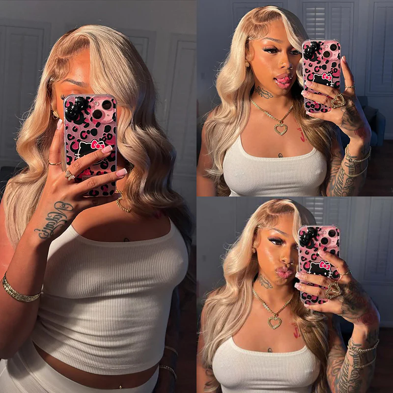 Emily Blonde and Brown Ombre Bleached Knots Glueless 13x6 Loose Body Wave Lace Front Human Hair Wigs Pre Plucked with Drawstring-wigflash