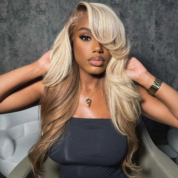 Emily Blonde and Brown Ombre Bleached Knots Glueless 13x6 Loose Body Wave Lace Front Human Hair Wigs Pre Plucked with Drawstring-wigflash