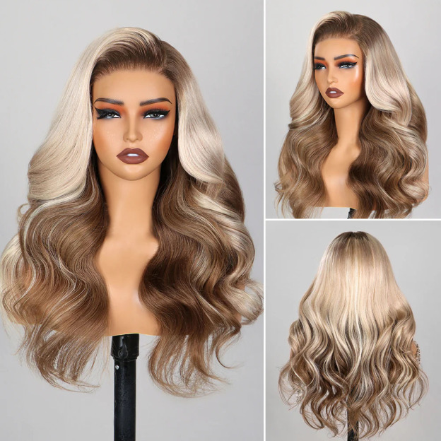 Emily Blonde and Brown Ombre Bleached Knots Glueless 13x6 Loose Body Wave Lace Front Human Hair Wigs Pre Plucked with Drawstring-wigflash