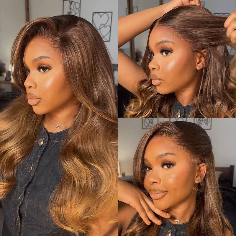 Grace Brown Ombre Bleached Knots Glueless 13x6 Loose Body Wave Lace Front Human Hair Wigs Pre Plucked with Drawstring-wigflash